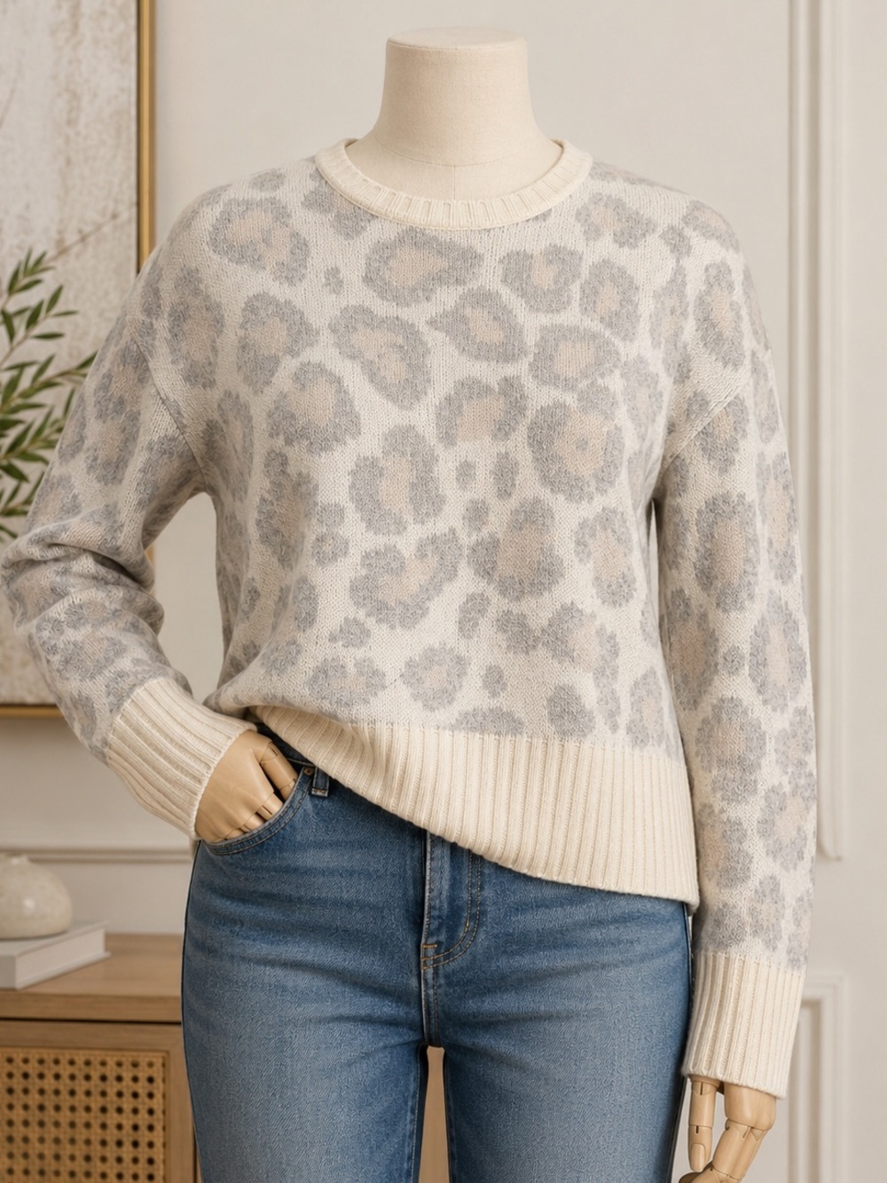 Splendid Collection Leopard Print Wool Cashmere Blend Sweater Size Large Neutral